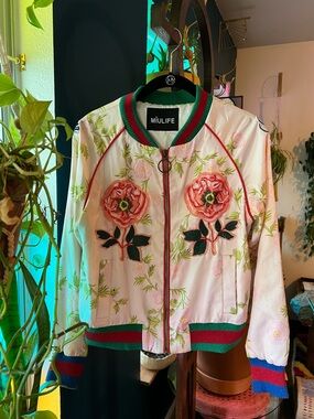 Pink Floral Embroidered Bomber Jacket